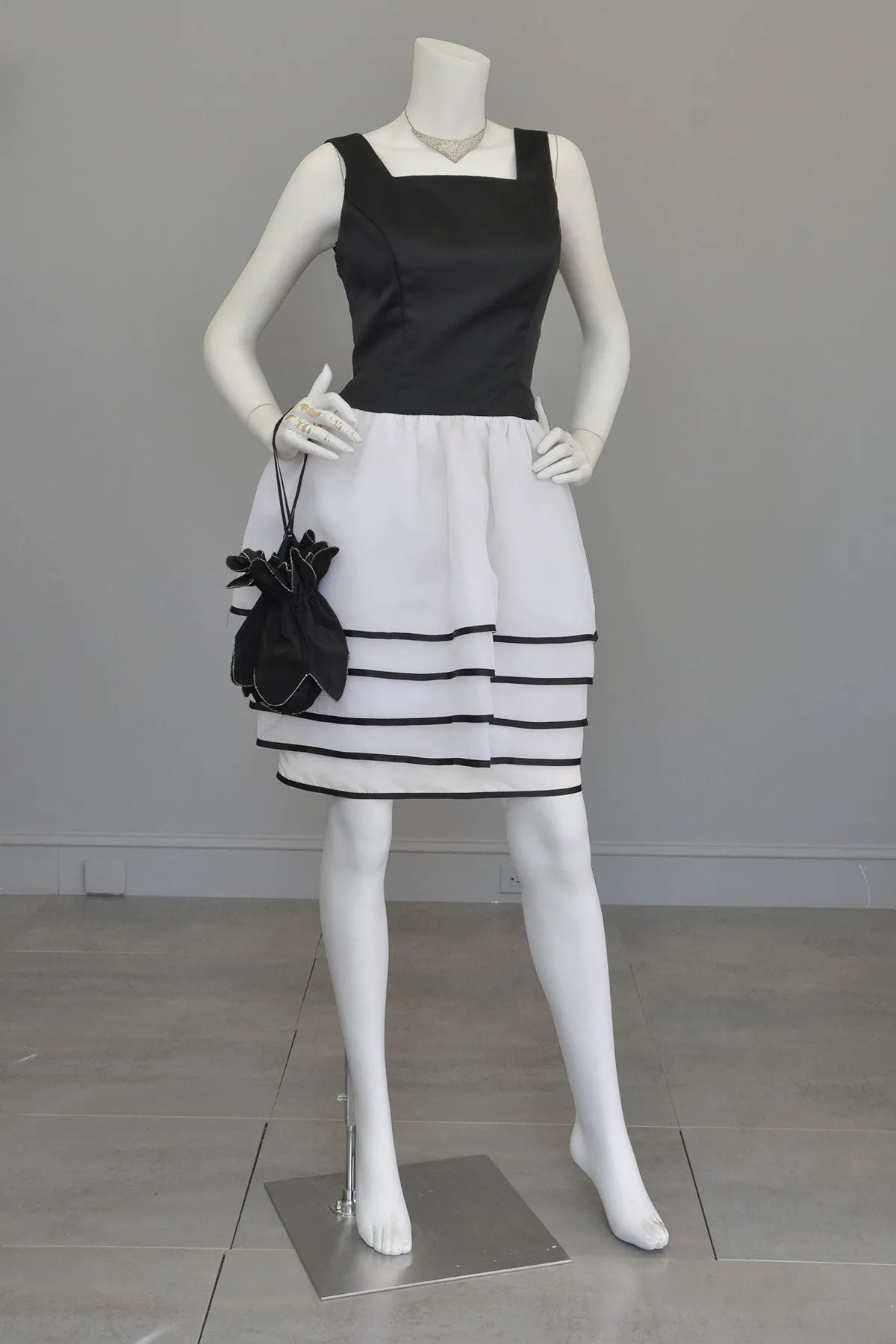 1980s Victor Costa Black White Peplum Skirt Cocktail Party Dress
