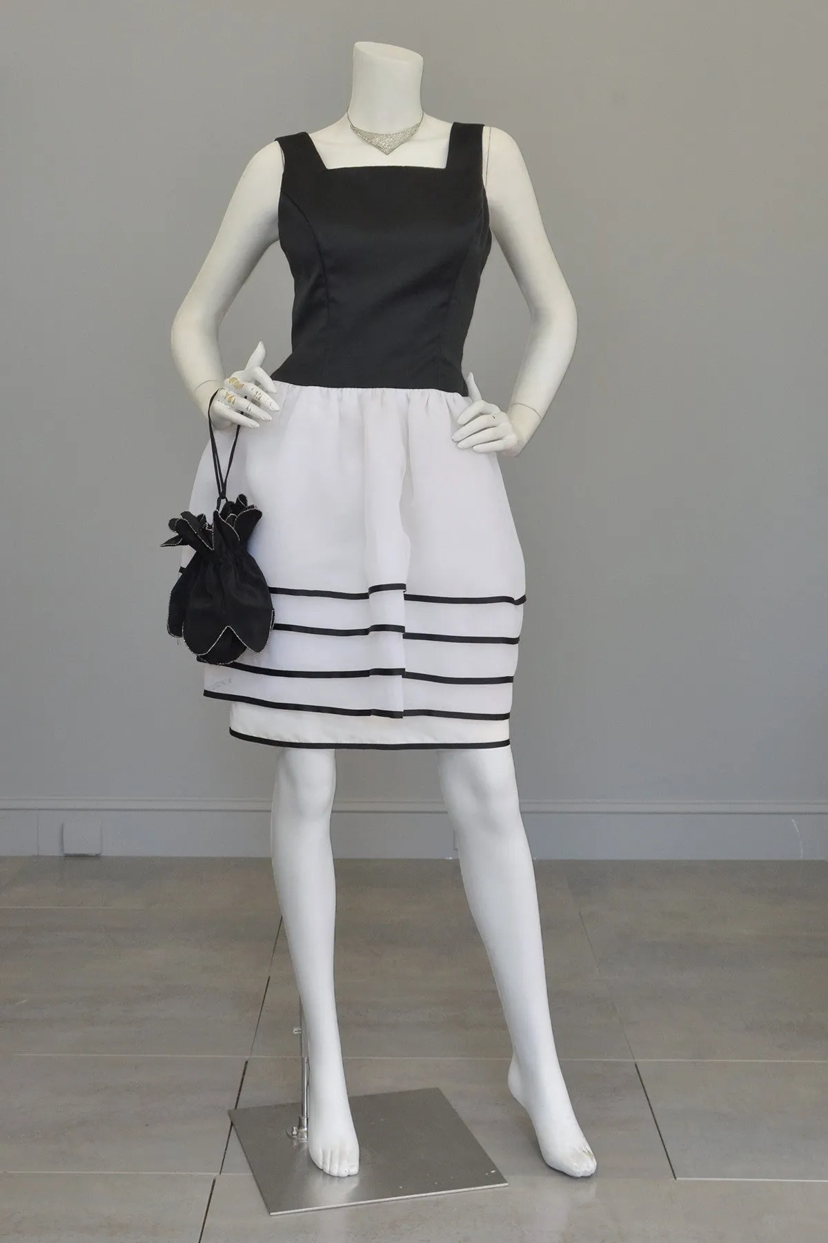 1980s Victor Costa Black White Peplum Skirt Cocktail Party Dress