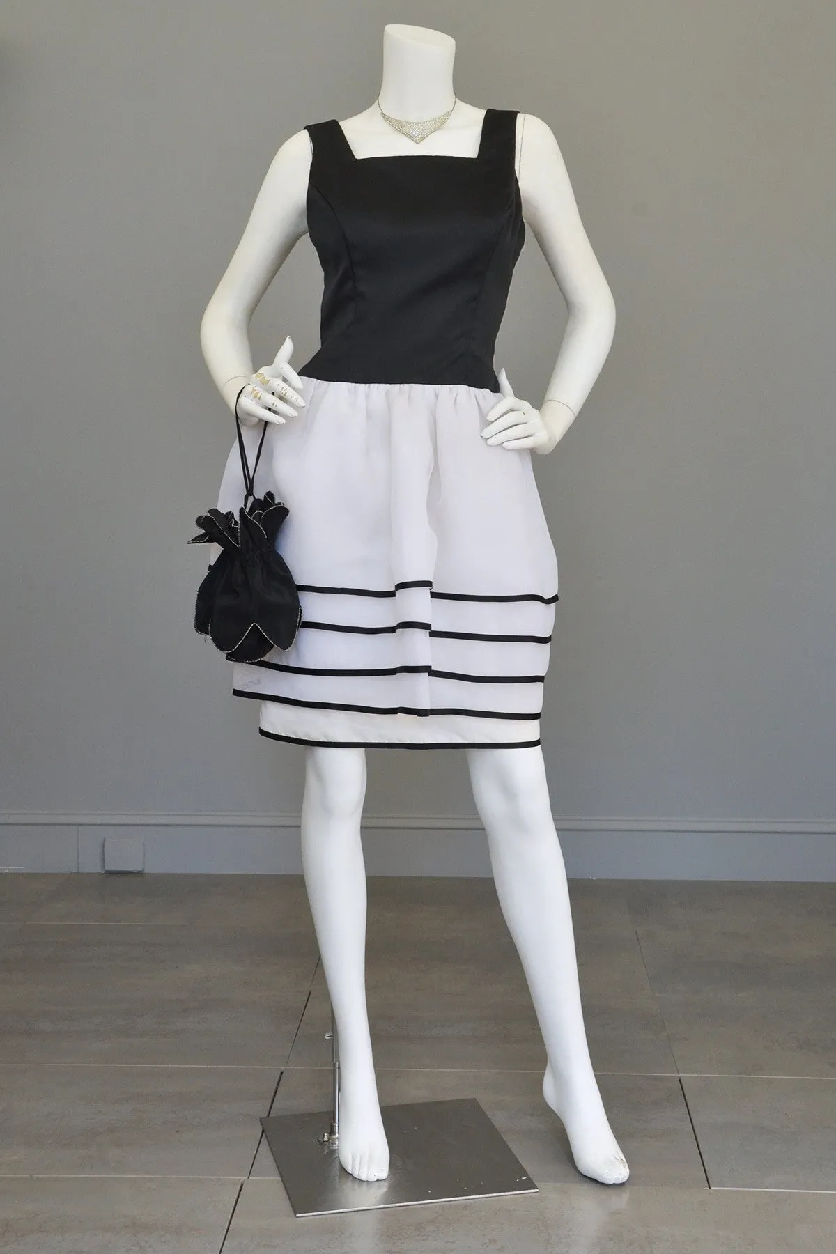 1980s Victor Costa Black White Peplum Skirt Cocktail Party Dress