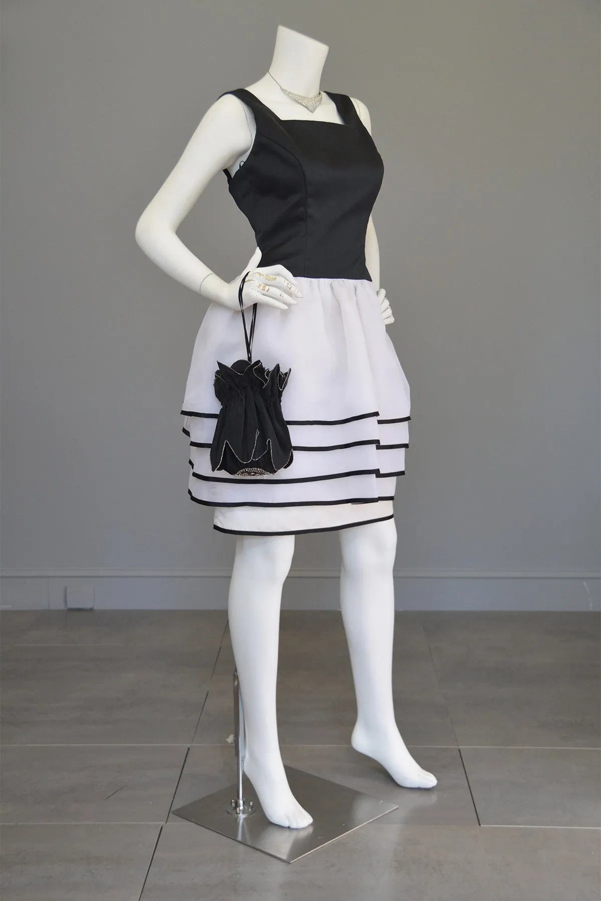 1980s Victor Costa Black White Peplum Skirt Cocktail Party Dress