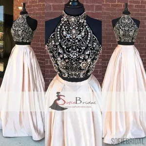 2 Pieces Rhinestone Beaded Top Satin Prom Dresses, Gorgeous Long Prom Dresses, PD0470