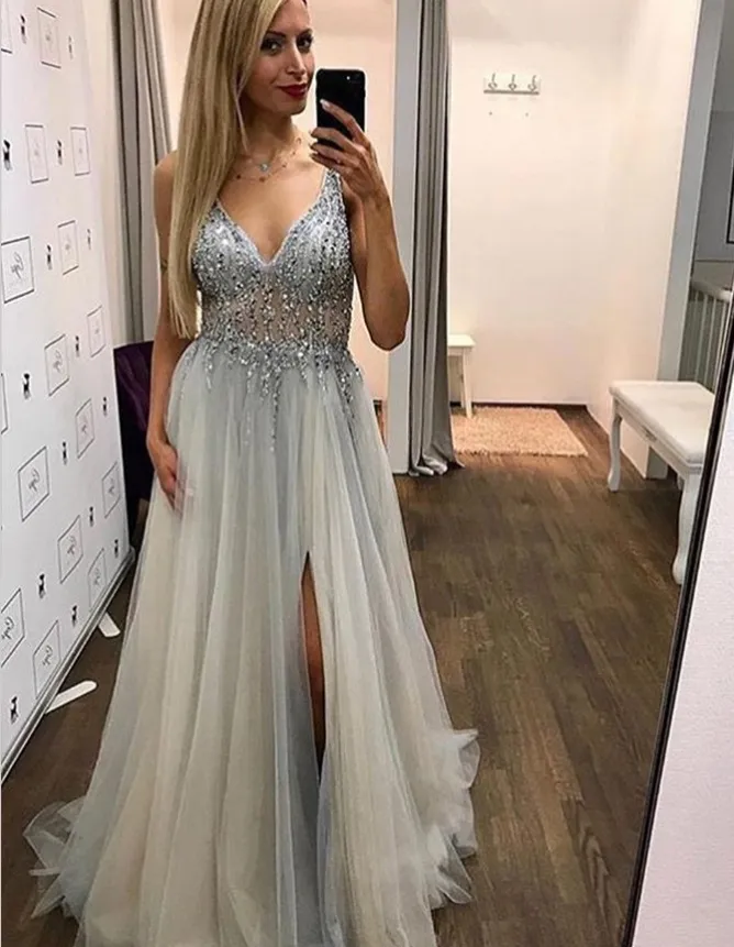 A-Line V-Neck Long Cheap Sleeveless Grey Tulle Prom Dresses with Beading, TYP1295