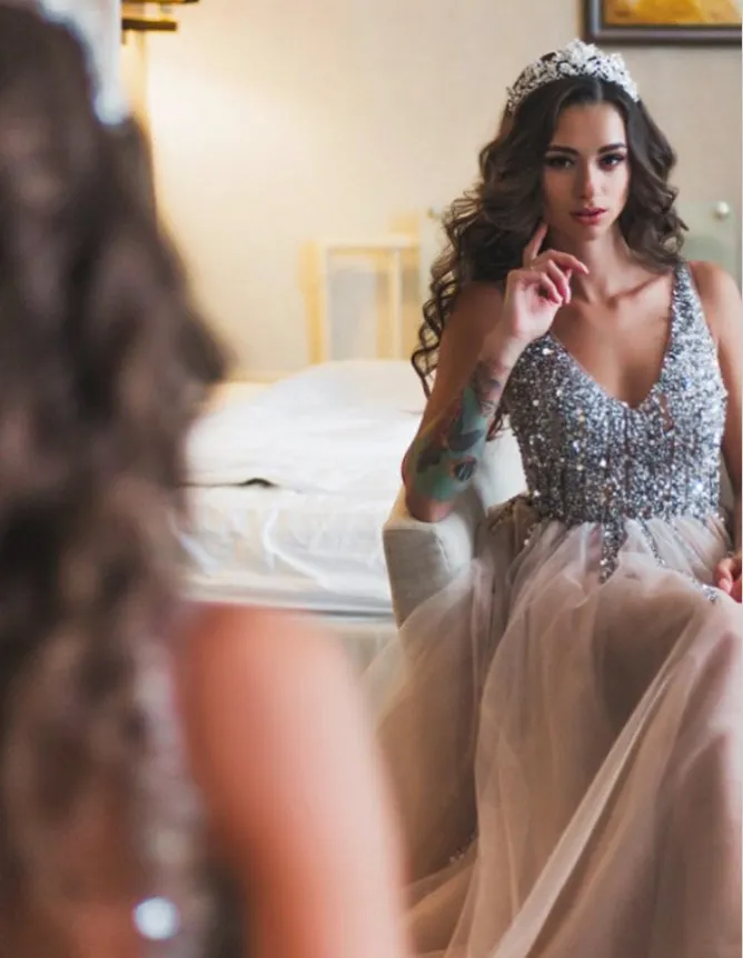 A-Line V-Neck Long Cheap Sleeveless Grey Tulle Prom Dresses with Beading, TYP1295
