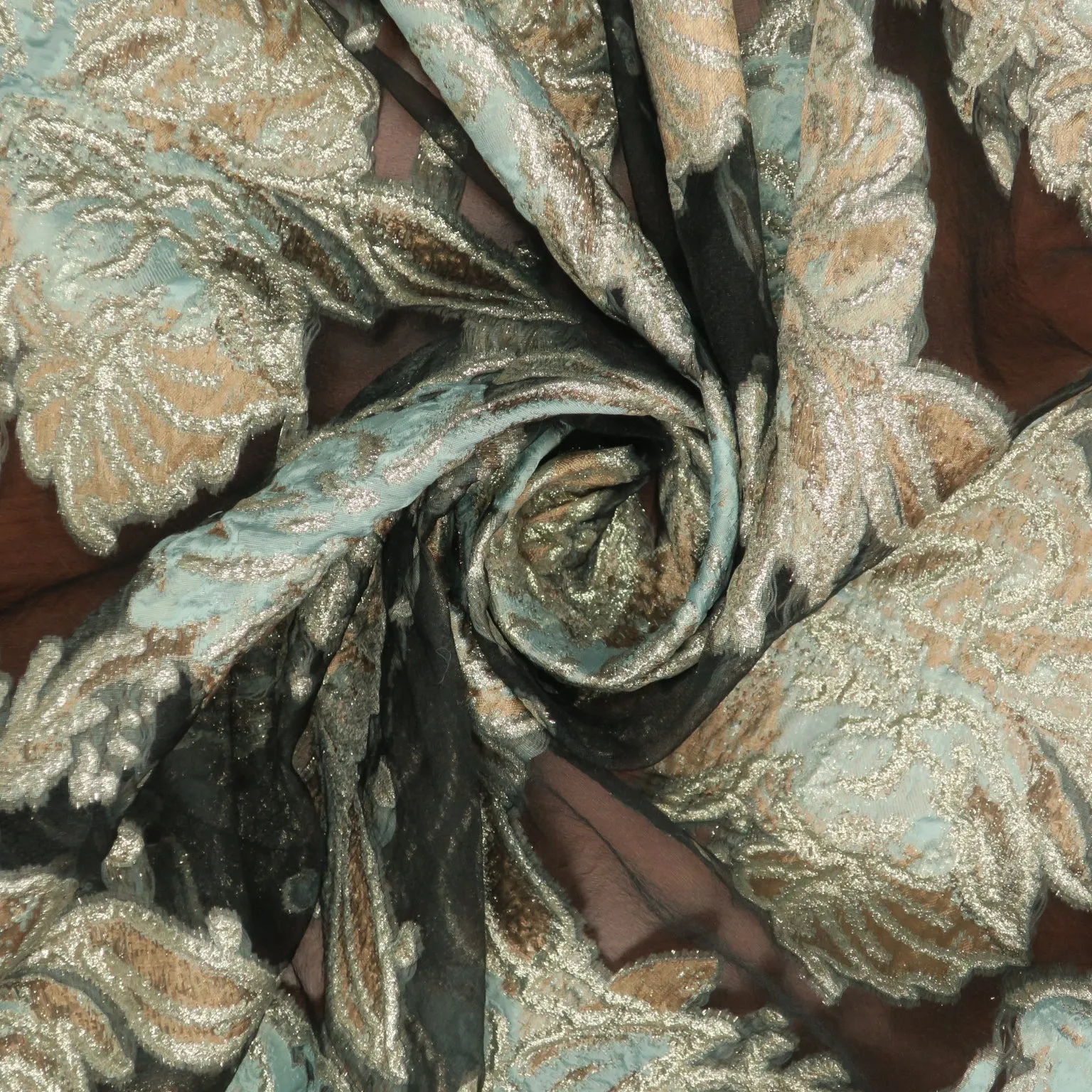 Aqua and Gold Florals on Black Organza Brocade Fabric