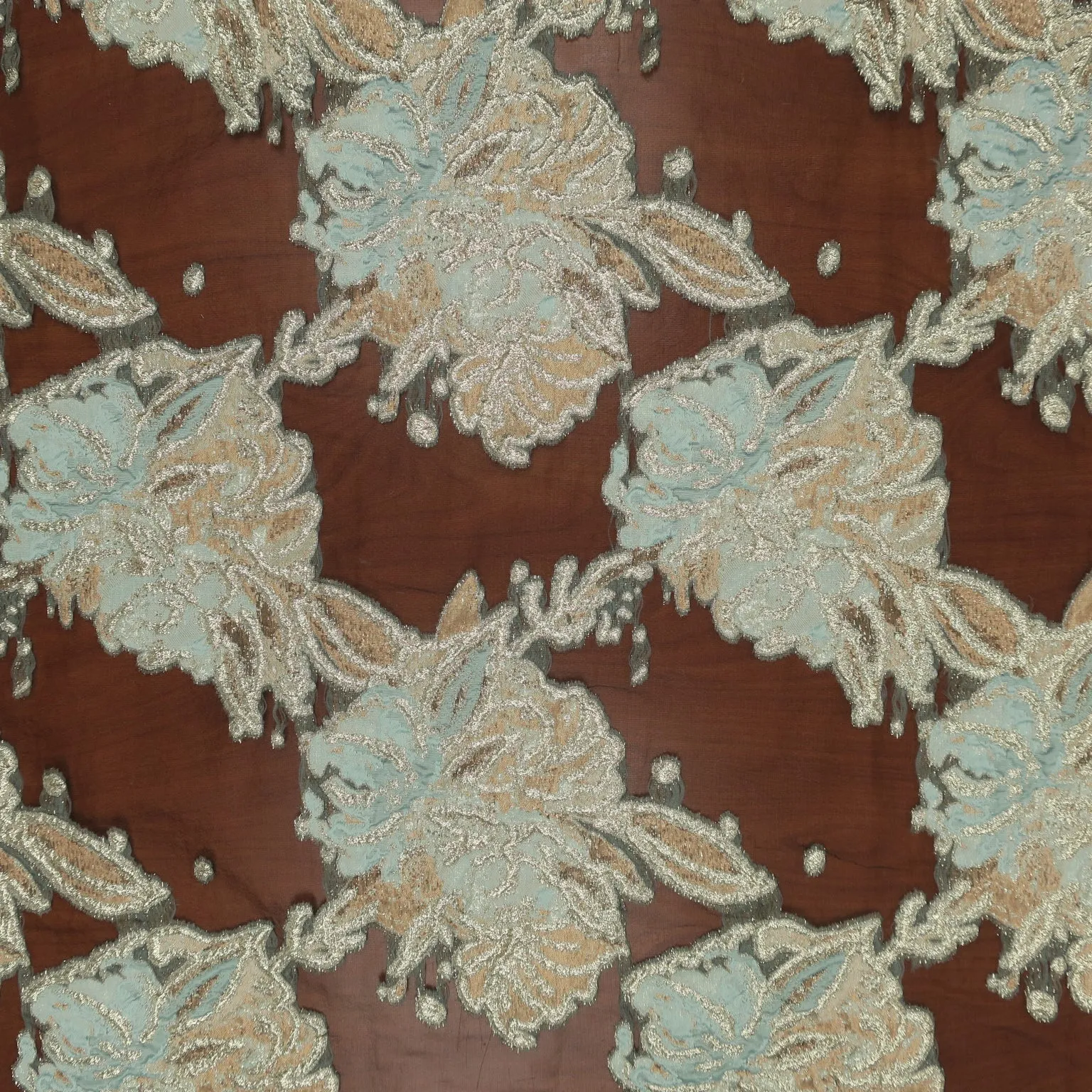 Aqua and Gold Florals on Black Organza Brocade Fabric