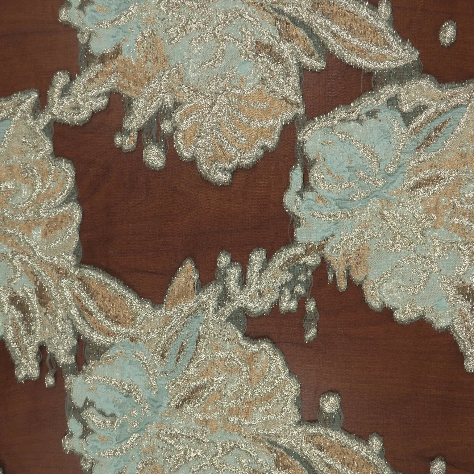 Aqua and Gold Florals on Black Organza Brocade Fabric