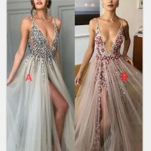 beaded prom dresses 2020 long v neck tulle a line mixed styles sexy formal dresses vestido de festa de Longo