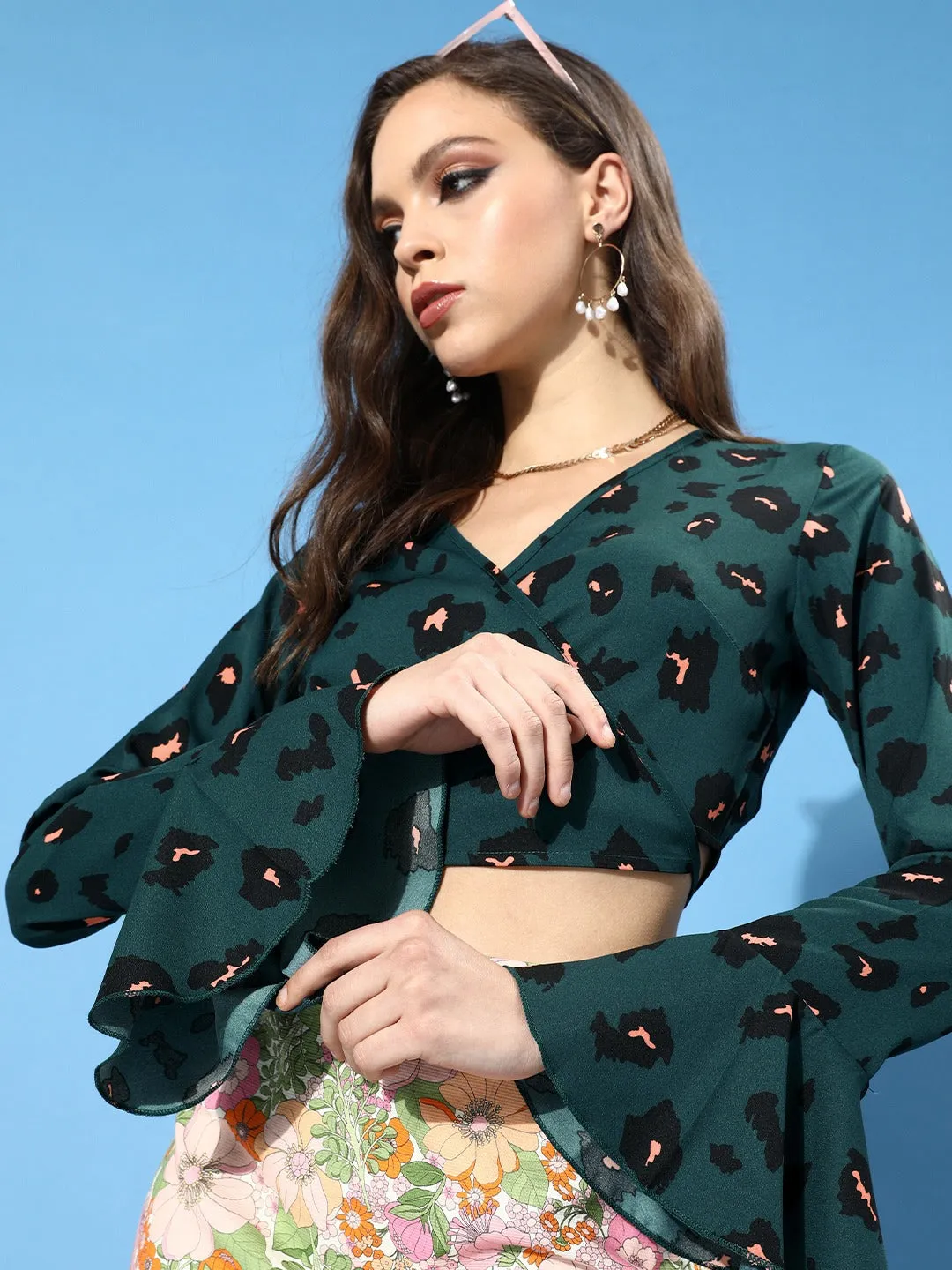 Berrylush Women Green Abstract Printed Crepe Wrap Top