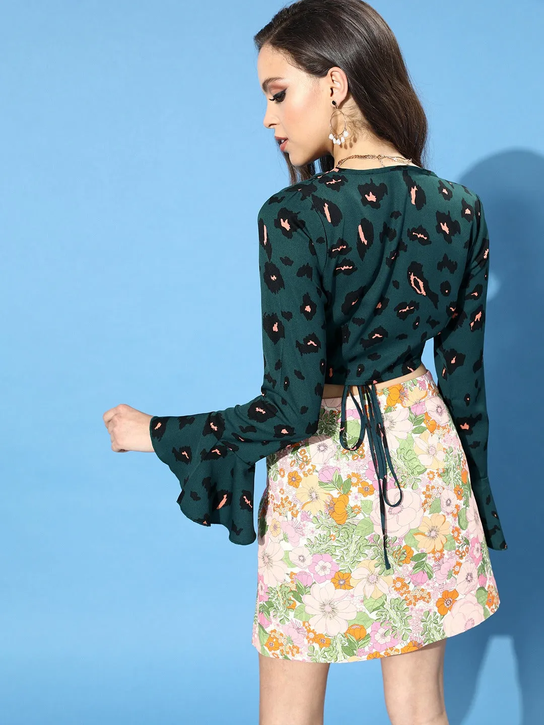 Berrylush Women Green Abstract Printed Crepe Wrap Top
