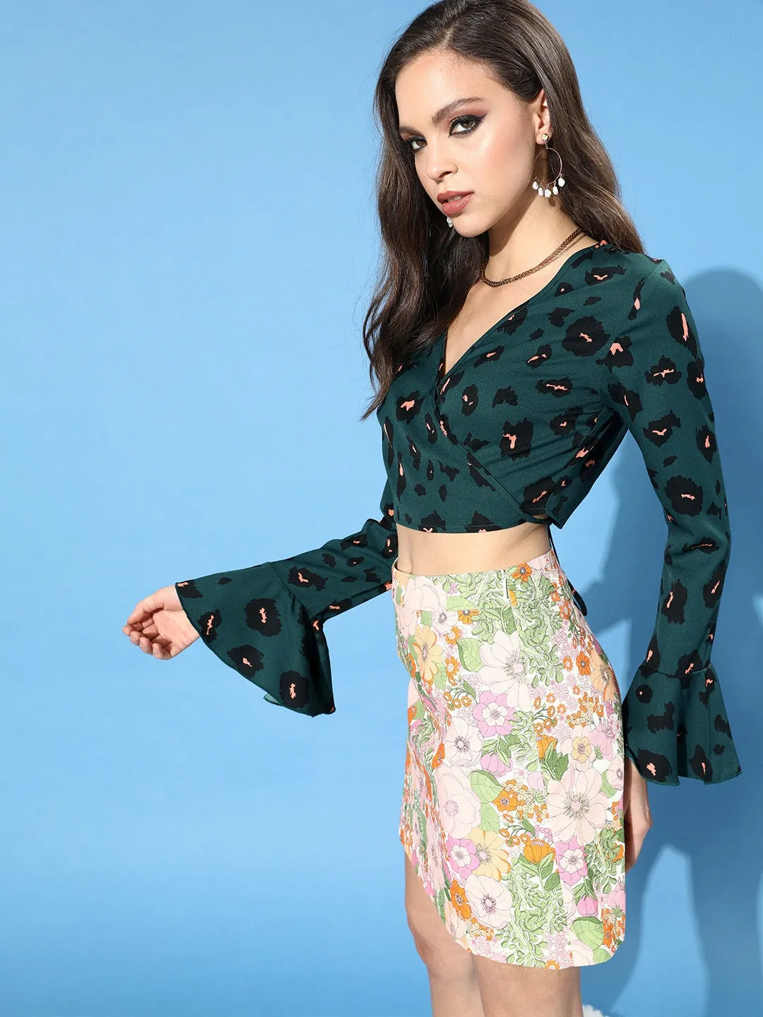 Berrylush Women Green Abstract Printed Crepe Wrap Top
