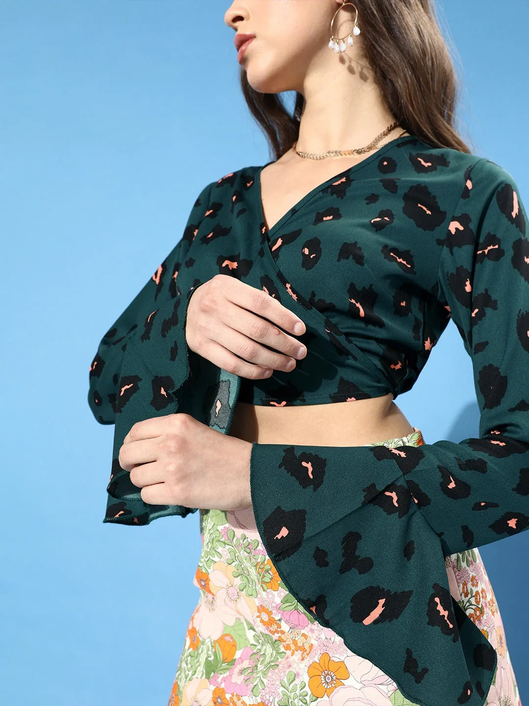 Berrylush Women Green Abstract Printed Crepe Wrap Top