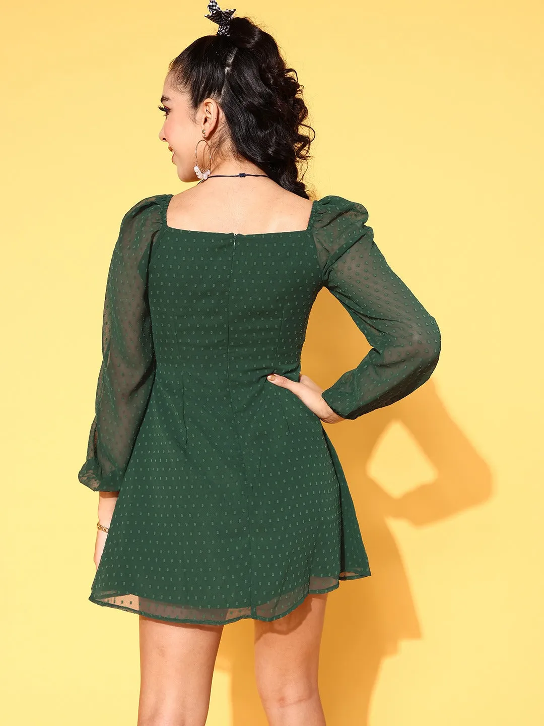 Berrylush Women Green Self-Design Pattern Square Neck Flared A-Line Mini Dress