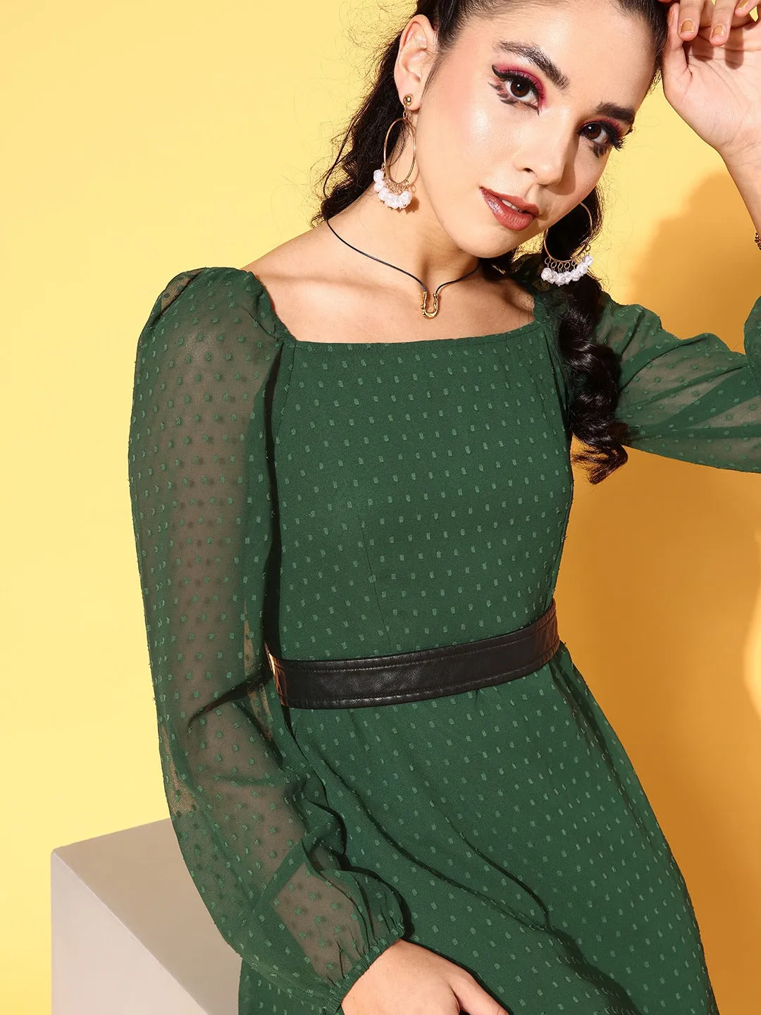 Berrylush Women Green Self-Design Pattern Square Neck Flared A-Line Mini Dress