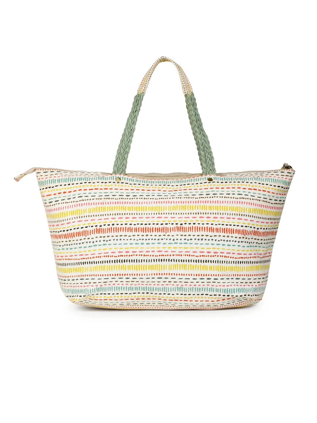 Berrylush Women White & Multicolour Boho Graphic Printed Canvas Zipper-Up Oversized Tote Bag