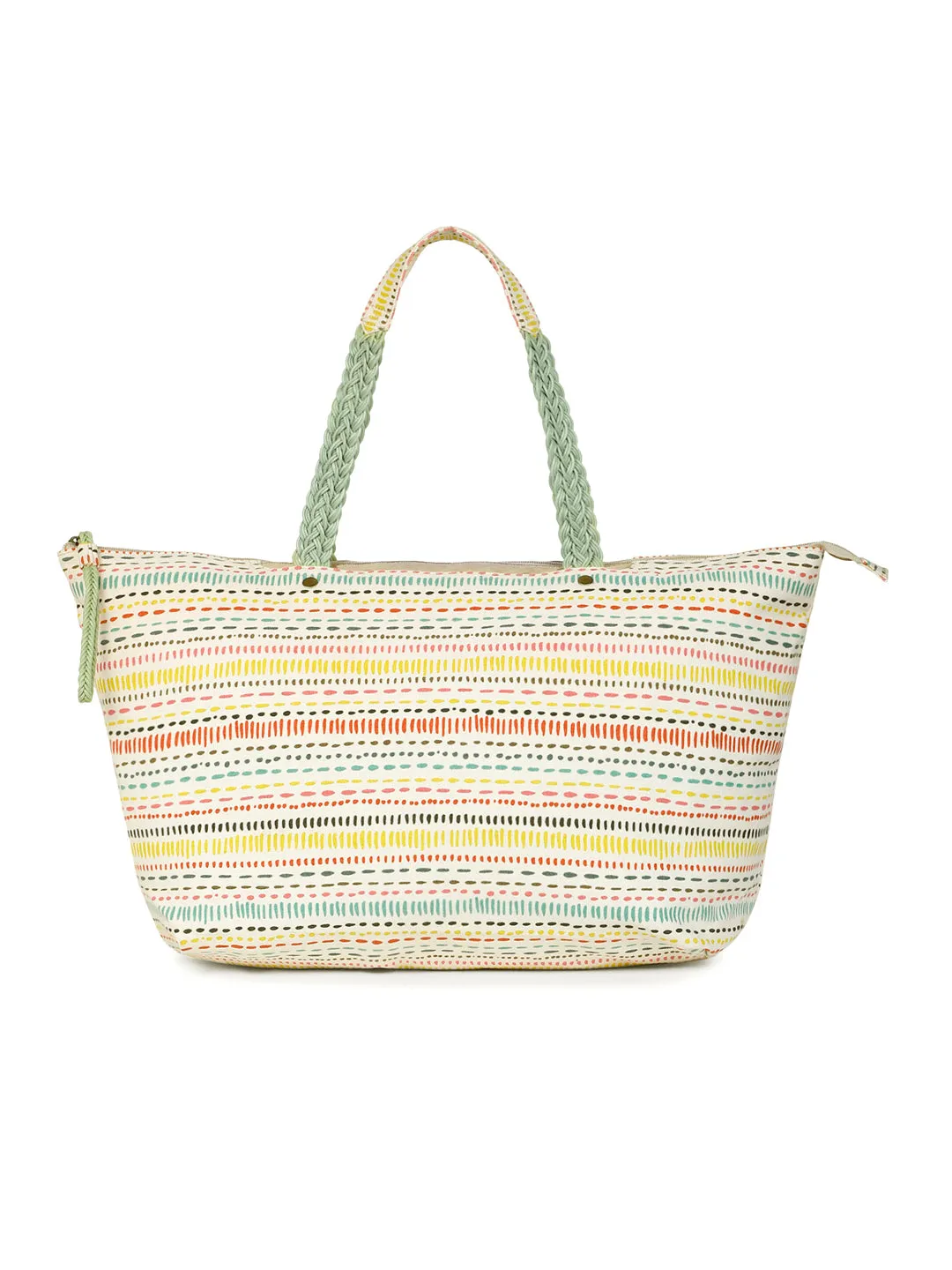 Berrylush Women White & Multicolour Boho Graphic Printed Canvas Zipper-Up Oversized Tote Bag