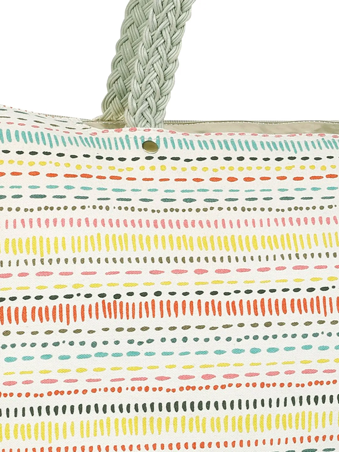 Berrylush Women White & Multicolour Boho Graphic Printed Canvas Zipper-Up Oversized Tote Bag