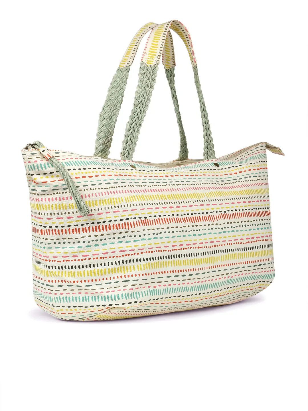 Berrylush Women White & Multicolour Boho Graphic Printed Canvas Zipper-Up Oversized Tote Bag