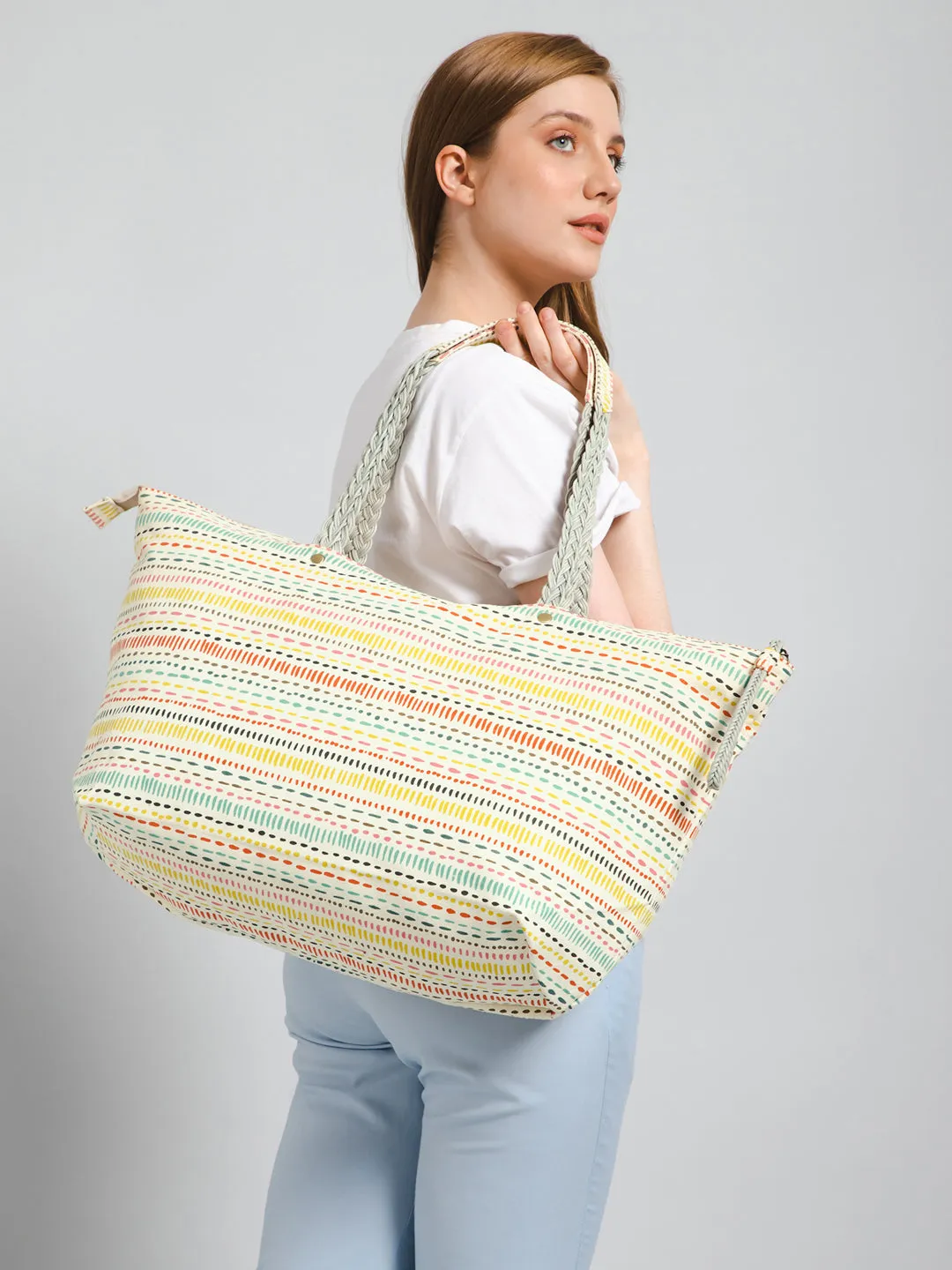 Berrylush Women White & Multicolour Boho Graphic Printed Canvas Zipper-Up Oversized Tote Bag