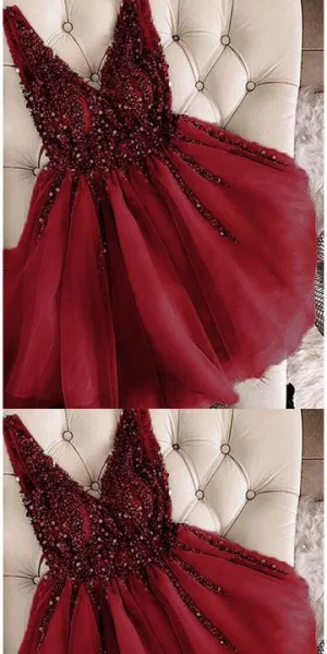 Burgundy homecoming dresses short beaded v neck crystals cheap prom dresses 2020 vestido de graduation