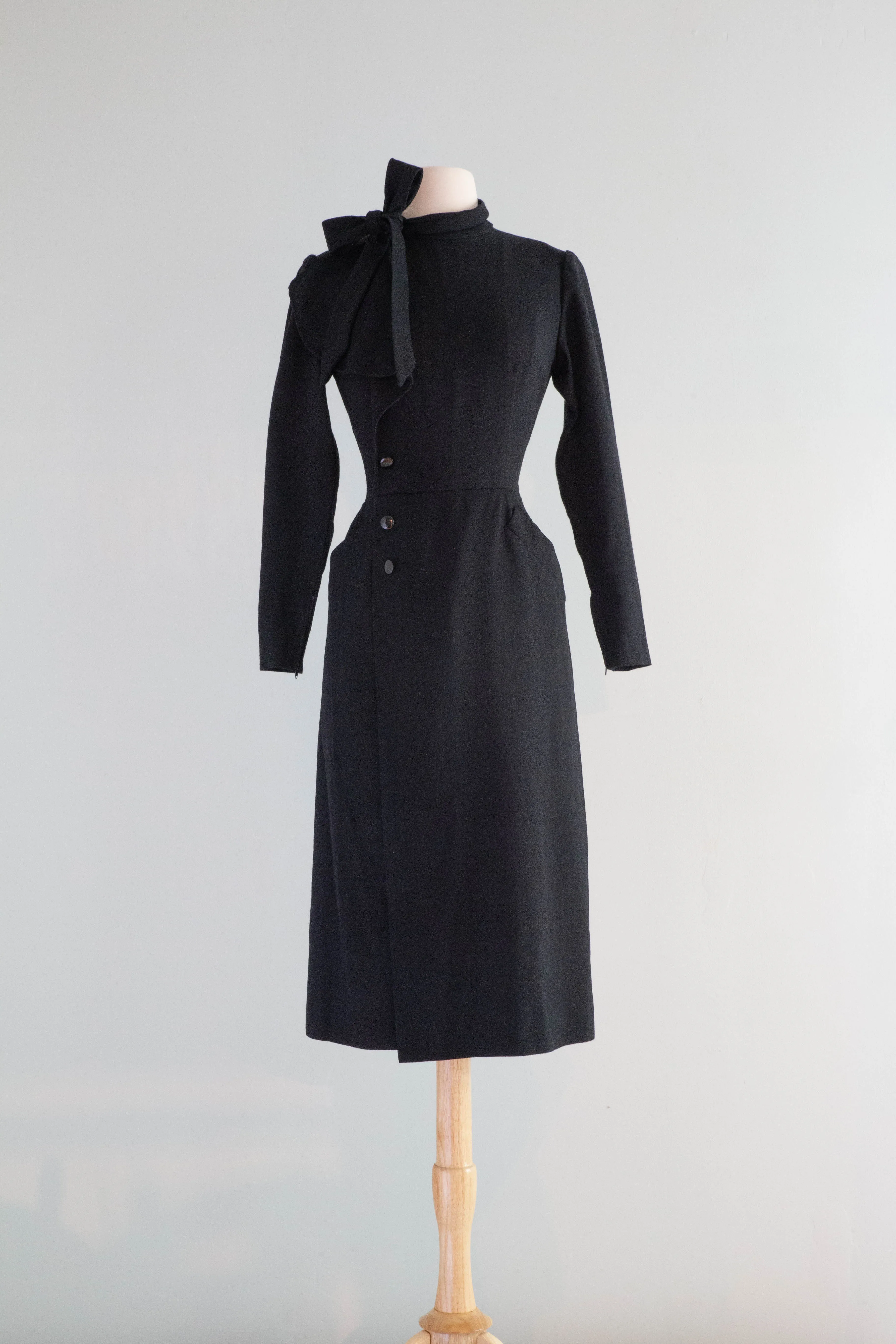 Chic 1970's Nina Ricci Jet Black Wool Crepe 1940's Style Dress / Small