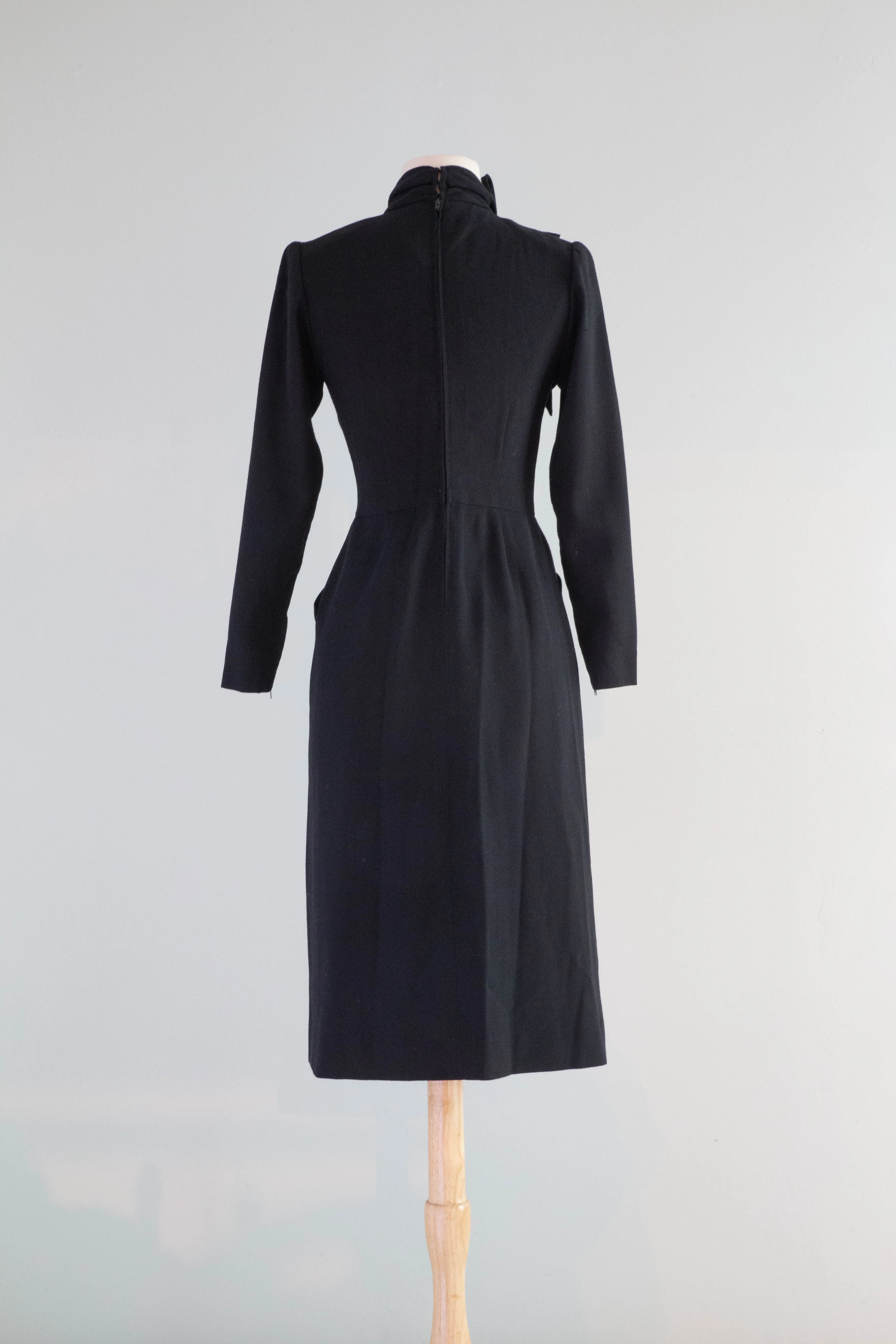 Chic 1970's Nina Ricci Jet Black Wool Crepe 1940's Style Dress / Small
