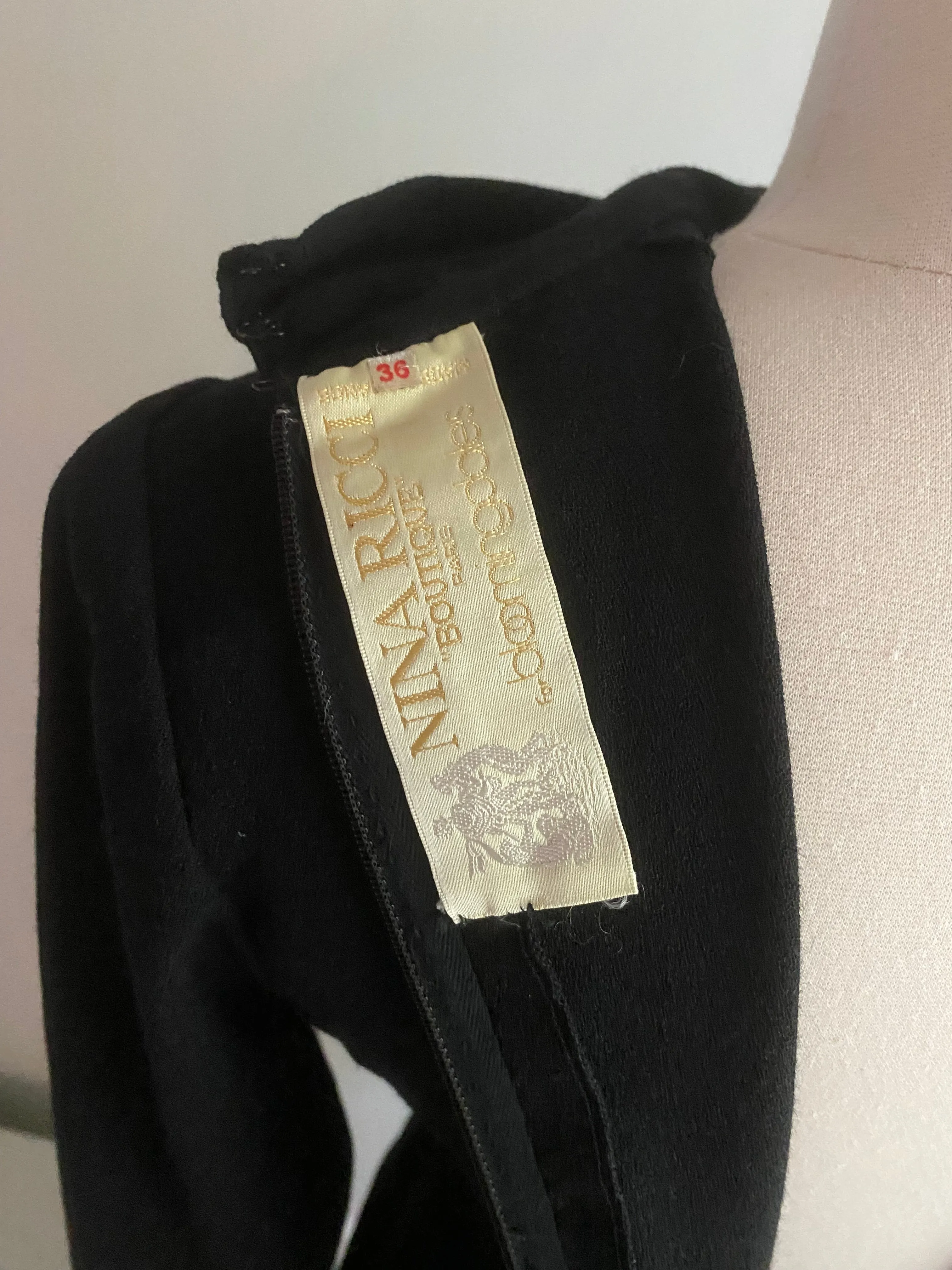 Chic 1970's Nina Ricci Jet Black Wool Crepe 1940's Style Dress / Small