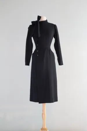 Chic 1970's Nina Ricci Jet Black Wool Crepe 1940's Style Dress / Small
