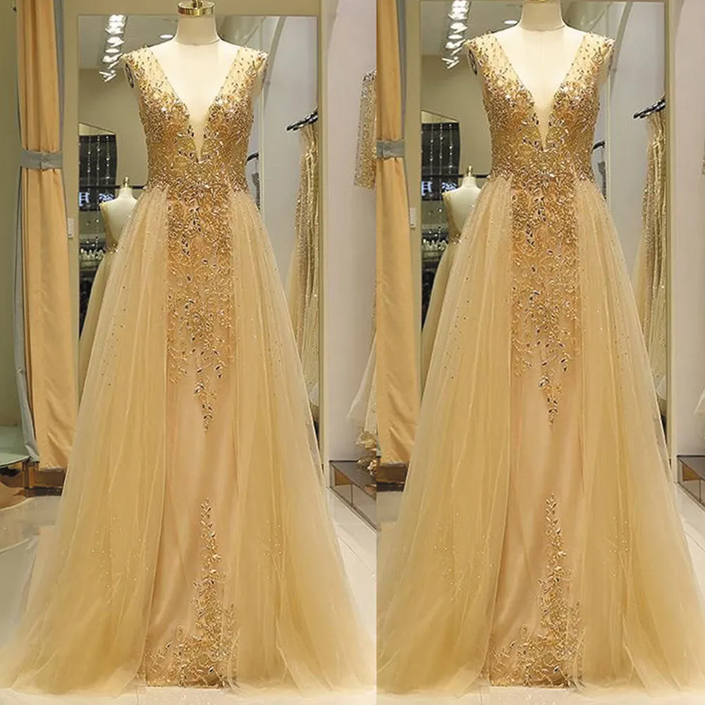 deep v neck champagne prom dresses with removable skirt beaded crystals lace applique elegant prom gown 2021