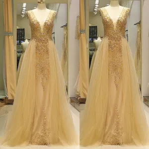 deep v neck champagne prom dresses with removable skirt beaded crystals lace applique elegant prom gown 2021