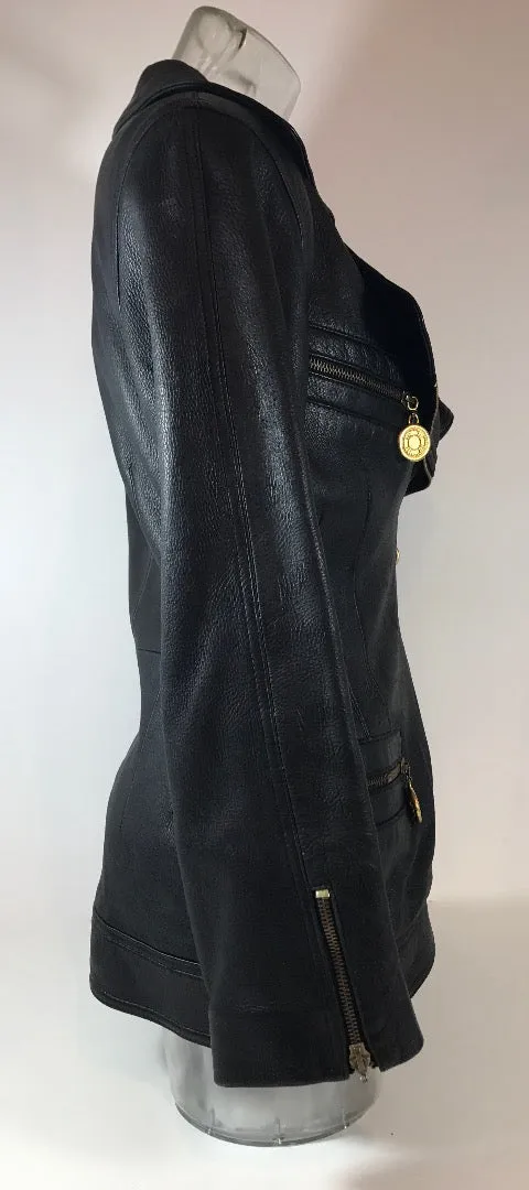 DONNA KARAN Black Biker Jacket w/ Gold Zipper Coin Detail Size 2