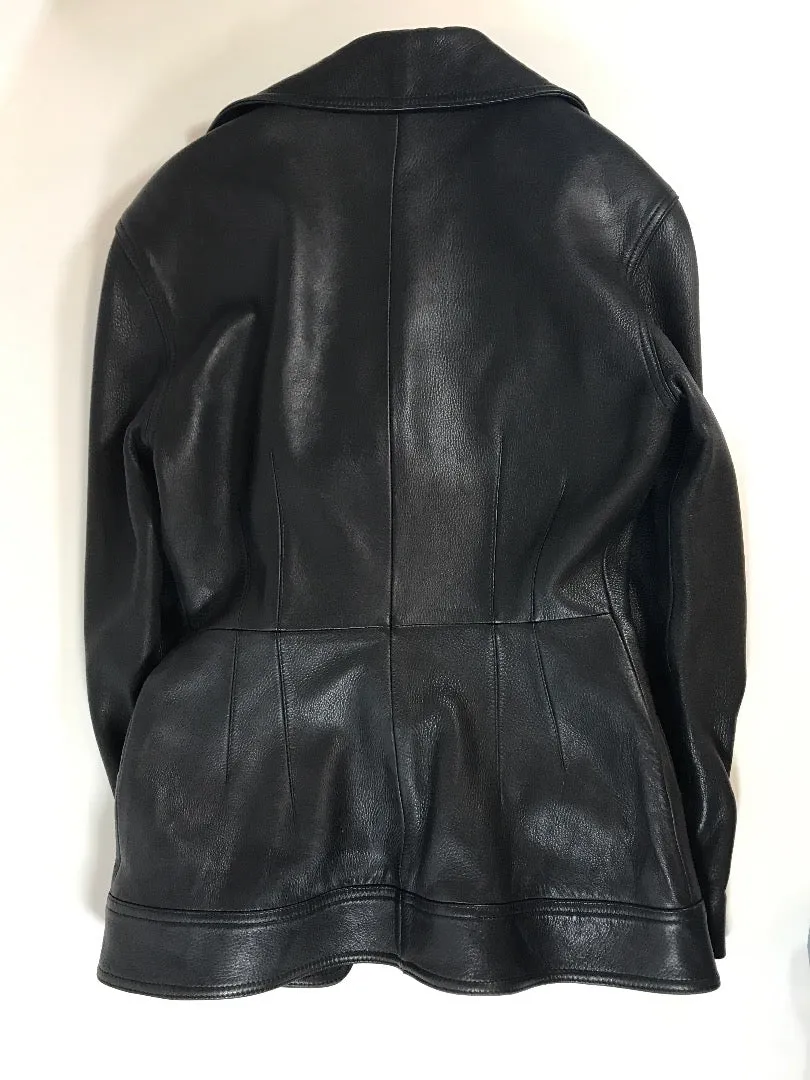 DONNA KARAN Black Biker Jacket w/ Gold Zipper Coin Detail Size 2