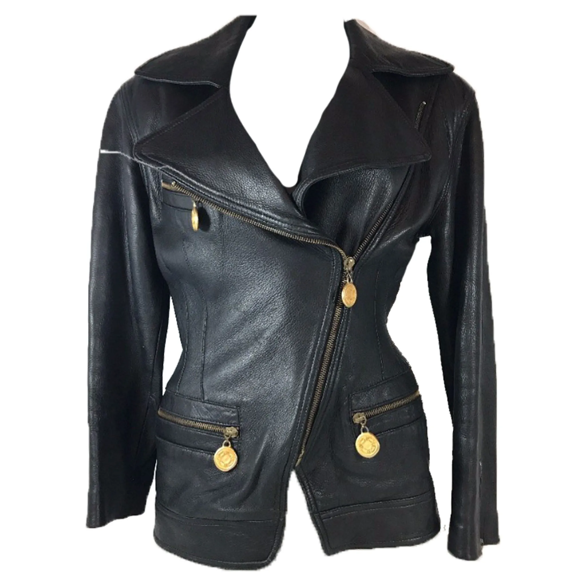 DONNA KARAN Black Biker Jacket w/ Gold Zipper Coin Detail Size 2