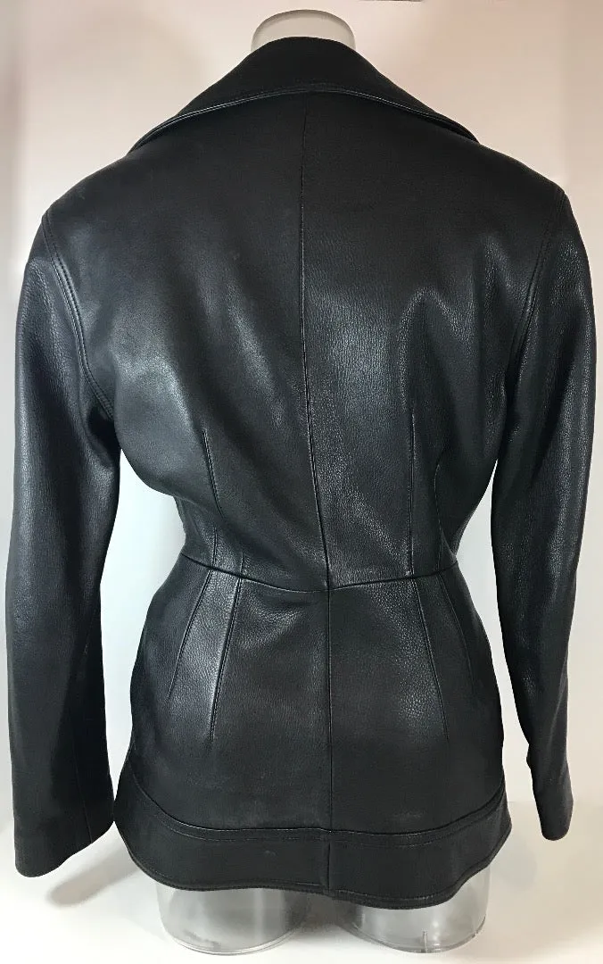 DONNA KARAN Black Biker Jacket w/ Gold Zipper Coin Detail Size 2