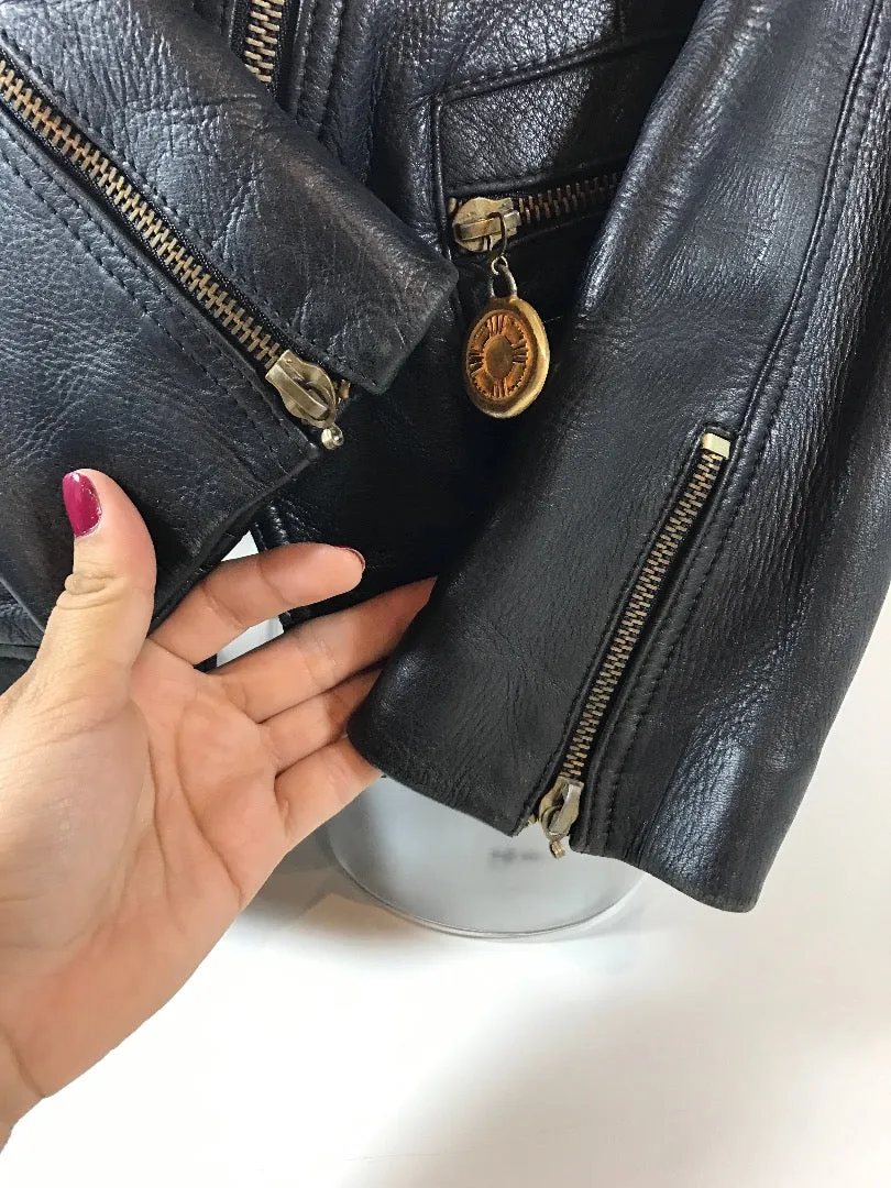 DONNA KARAN Black Biker Jacket w/ Gold Zipper Coin Detail Size 2