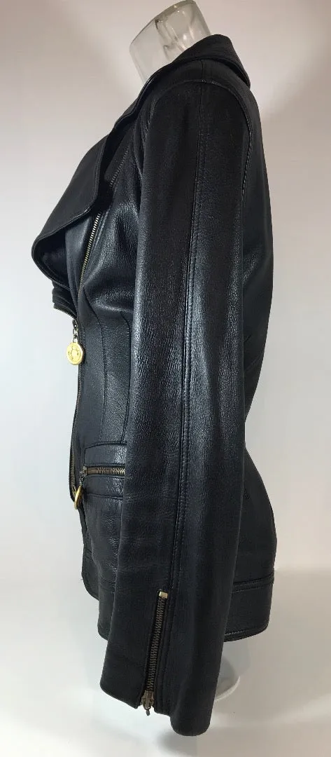 DONNA KARAN Black Biker Jacket w/ Gold Zipper Coin Detail Size 2