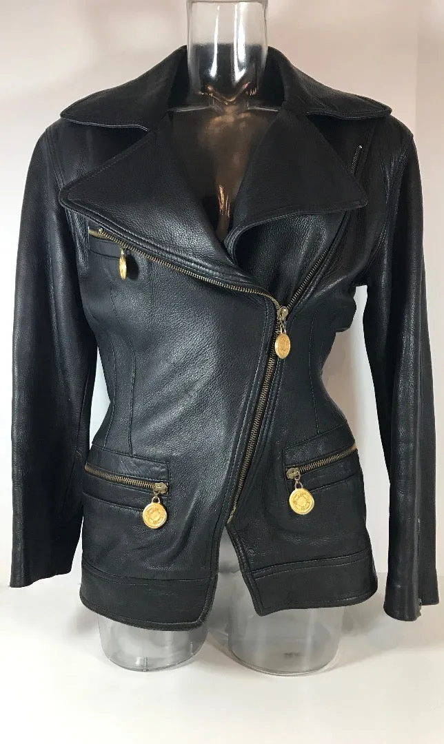 DONNA KARAN Black Biker Jacket w/ Gold Zipper Coin Detail Size 2