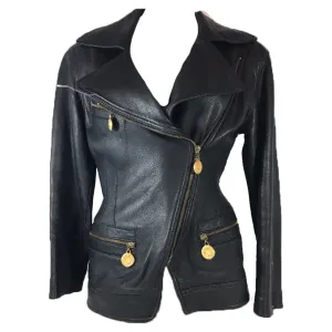 DONNA KARAN Black Biker Jacket w/ Gold Zipper Coin Detail Size 2
