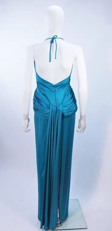 ELIZABETH MASON COUTURE Blue Silk Jersey Halter Gown Size 2