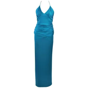 ELIZABETH MASON COUTURE Blue Silk Jersey Halter Gown Size 2