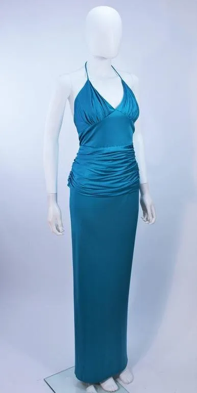 ELIZABETH MASON COUTURE Blue Silk Jersey Halter Gown Size 2