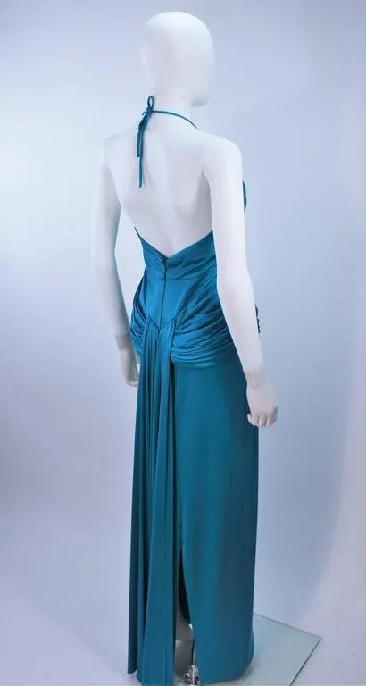 ELIZABETH MASON COUTURE Blue Silk Jersey Halter Gown Size 2