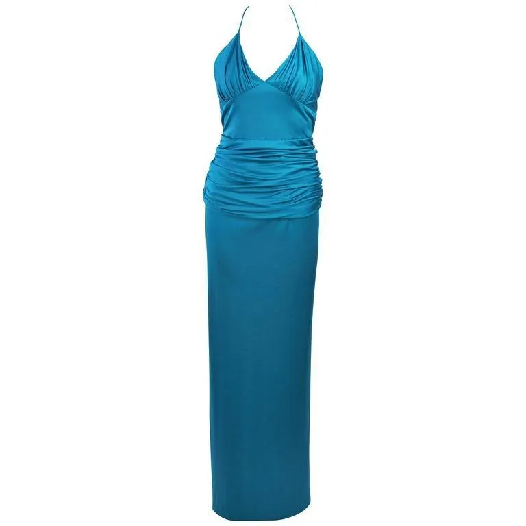 ELIZABETH MASON COUTURE Blue Silk Jersey Halter Gown Size 2