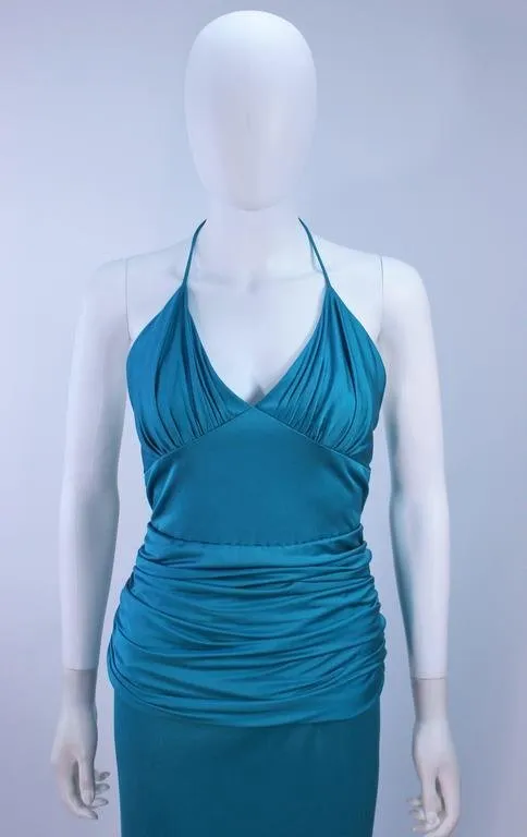 ELIZABETH MASON COUTURE Blue Silk Jersey Halter Gown Size 2