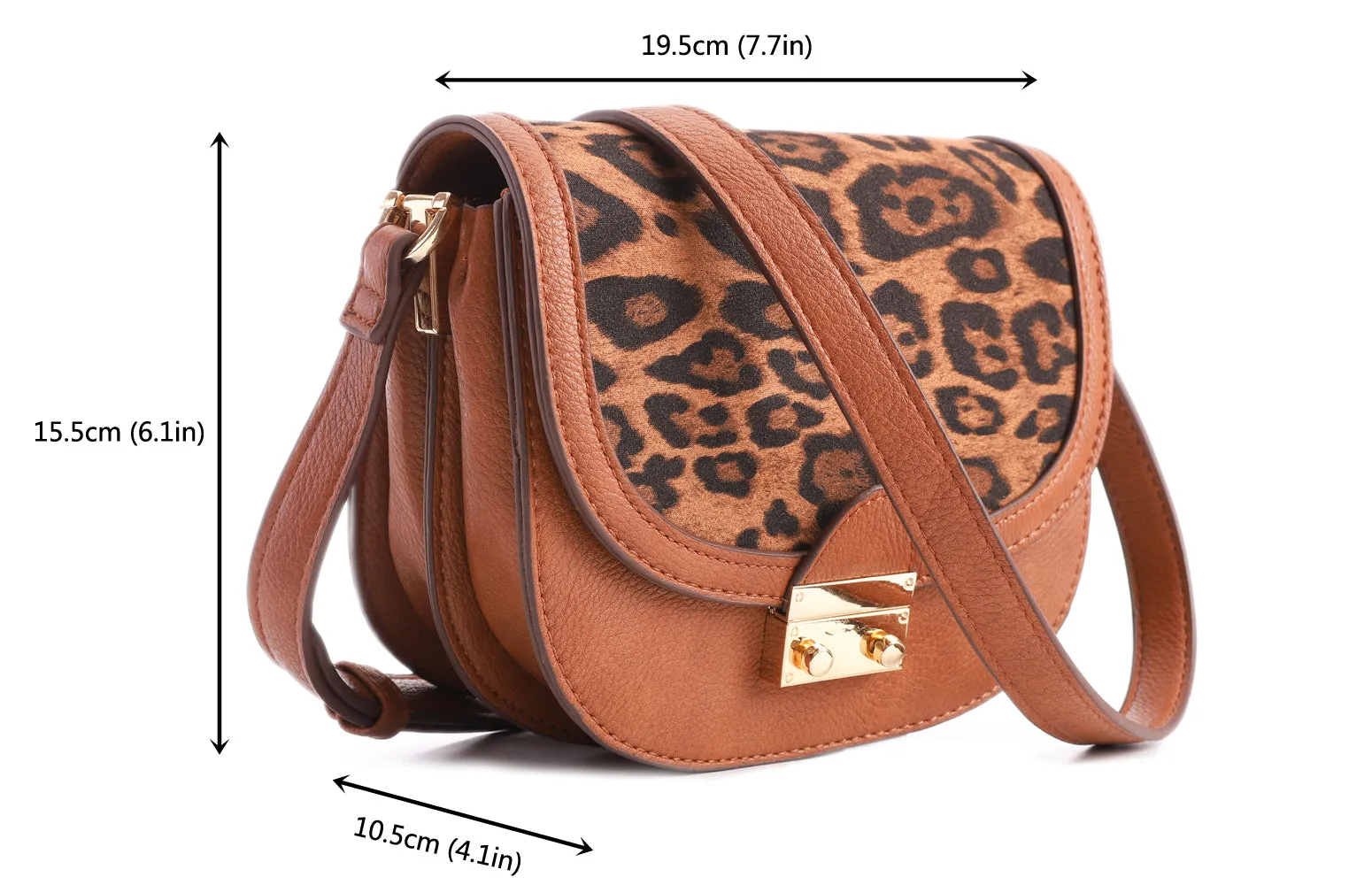 Feversole Crossbody Bag PU Leather Women Retro Small Saddle Satchel Shoulder Bag Tote With Long Adjustable Strap Camel Leopard