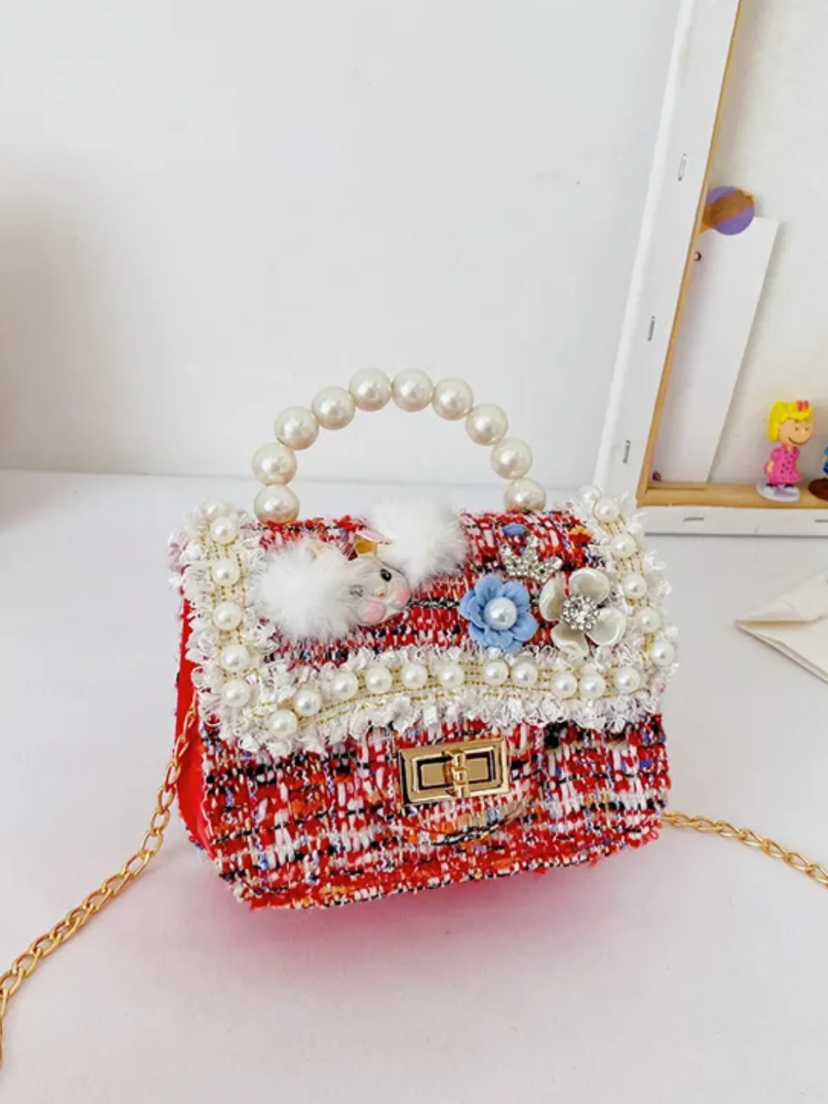 Girl’s  Chic Crossbody  Tweed  Pearl Handbag