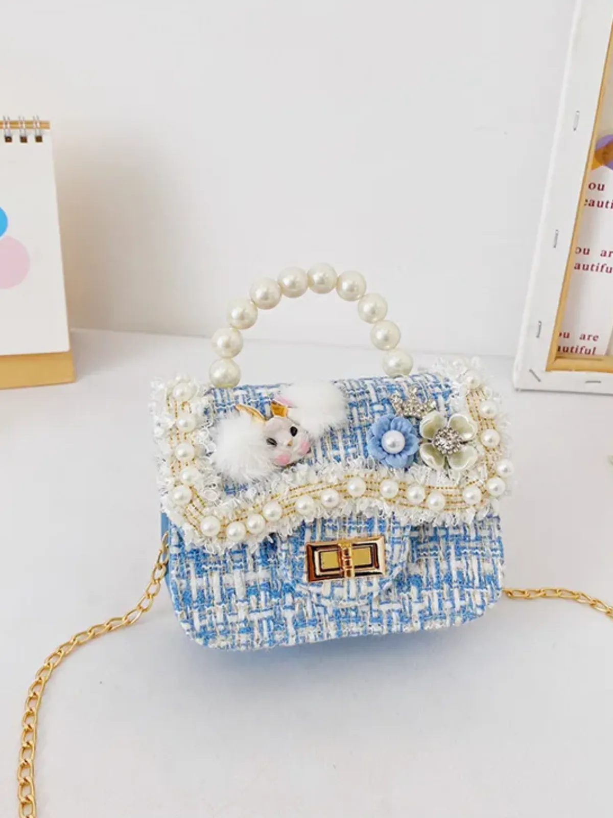 Girl’s  Chic Crossbody  Tweed  Pearl Handbag