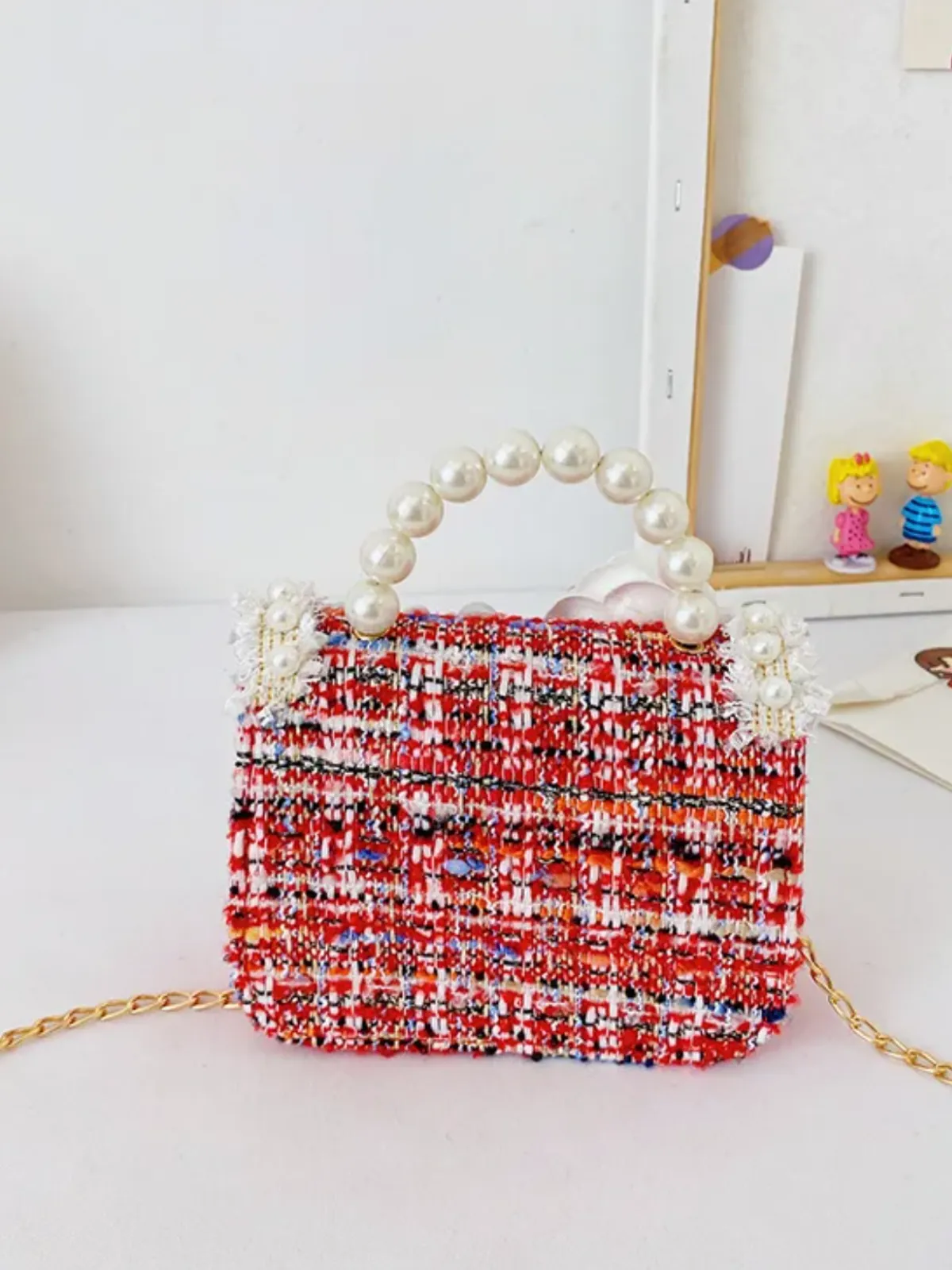 Girl’s  Chic Crossbody  Tweed  Pearl Handbag