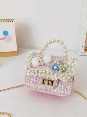 Girl’s  Chic Crossbody  Tweed  Pearl Handbag