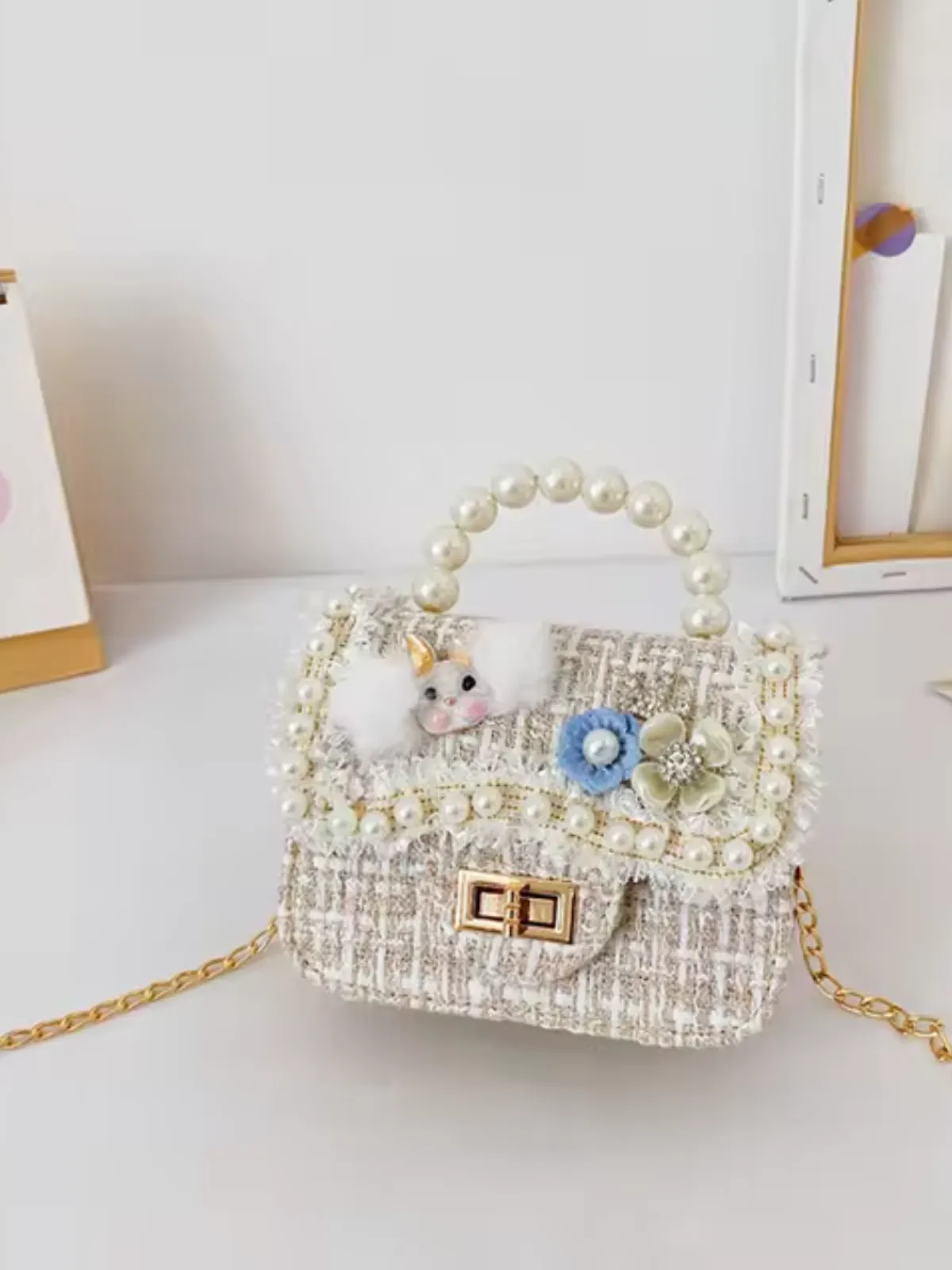 Girl’s  Chic Crossbody  Tweed  Pearl Handbag