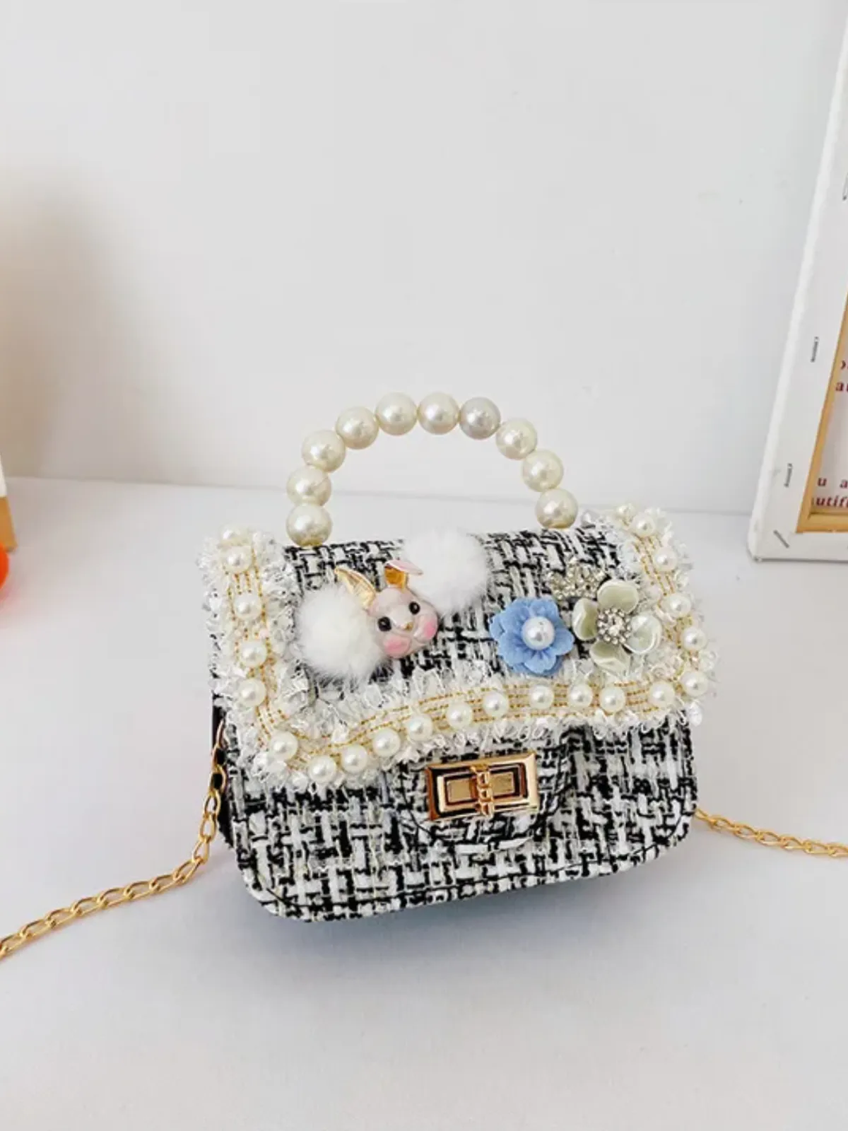Girl’s  Chic Crossbody  Tweed  Pearl Handbag
